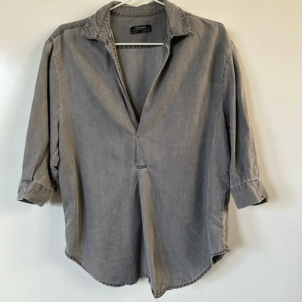 Zara Washed Charcoal Gray V-Neck Button-Tab Blouse - Picture 7 of 13